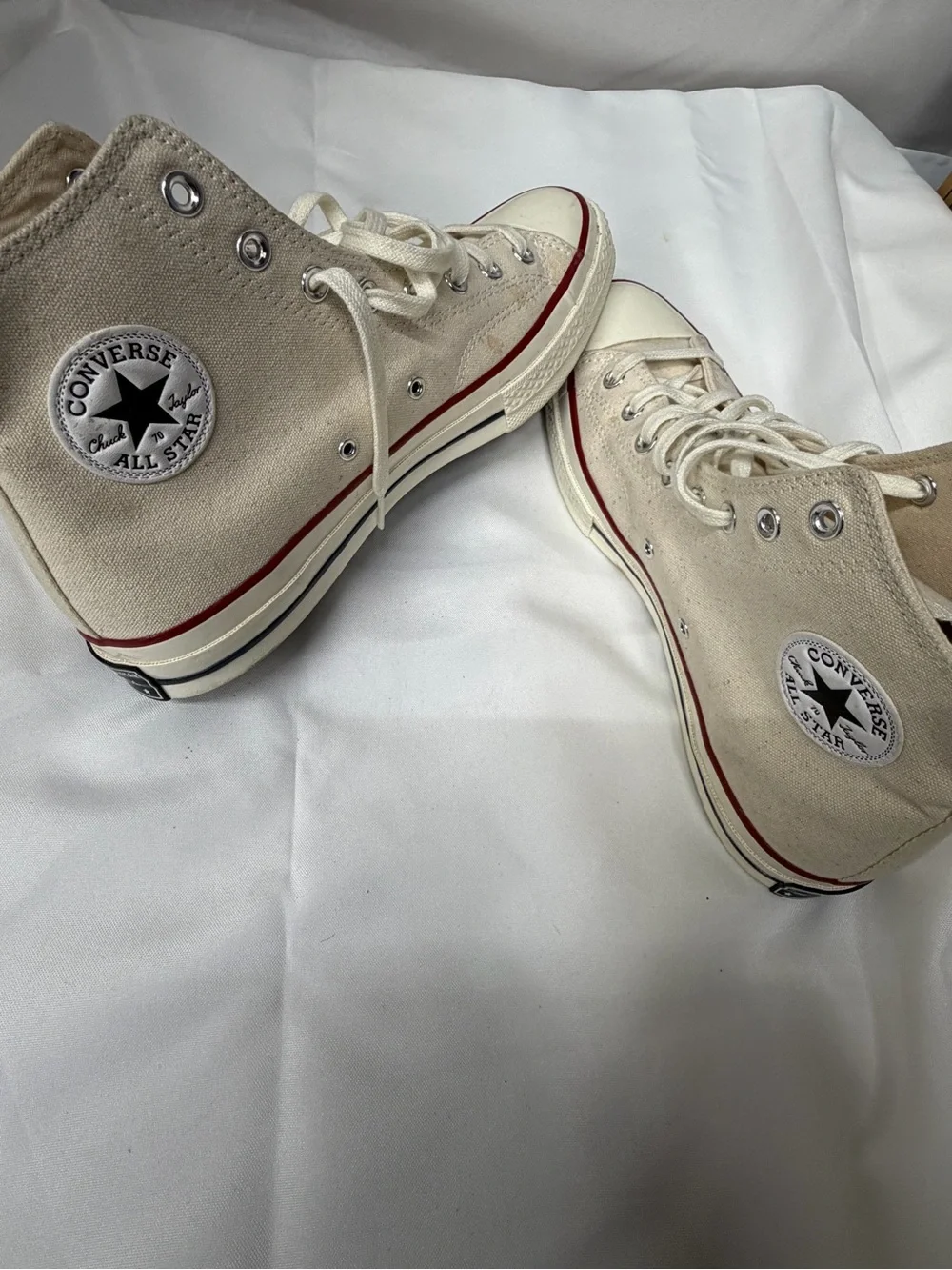 Converse High-Top Canvas Sneakers in Cream with Red Stripe